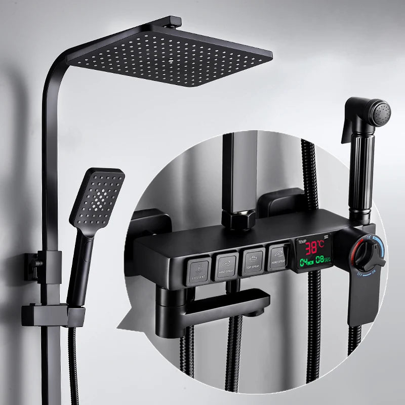 Thermostatic Digital Bathroom Shower Set Rainfall Shower Head Brass Bathroom Faucet Accessories Hot Cold Digital Shower System