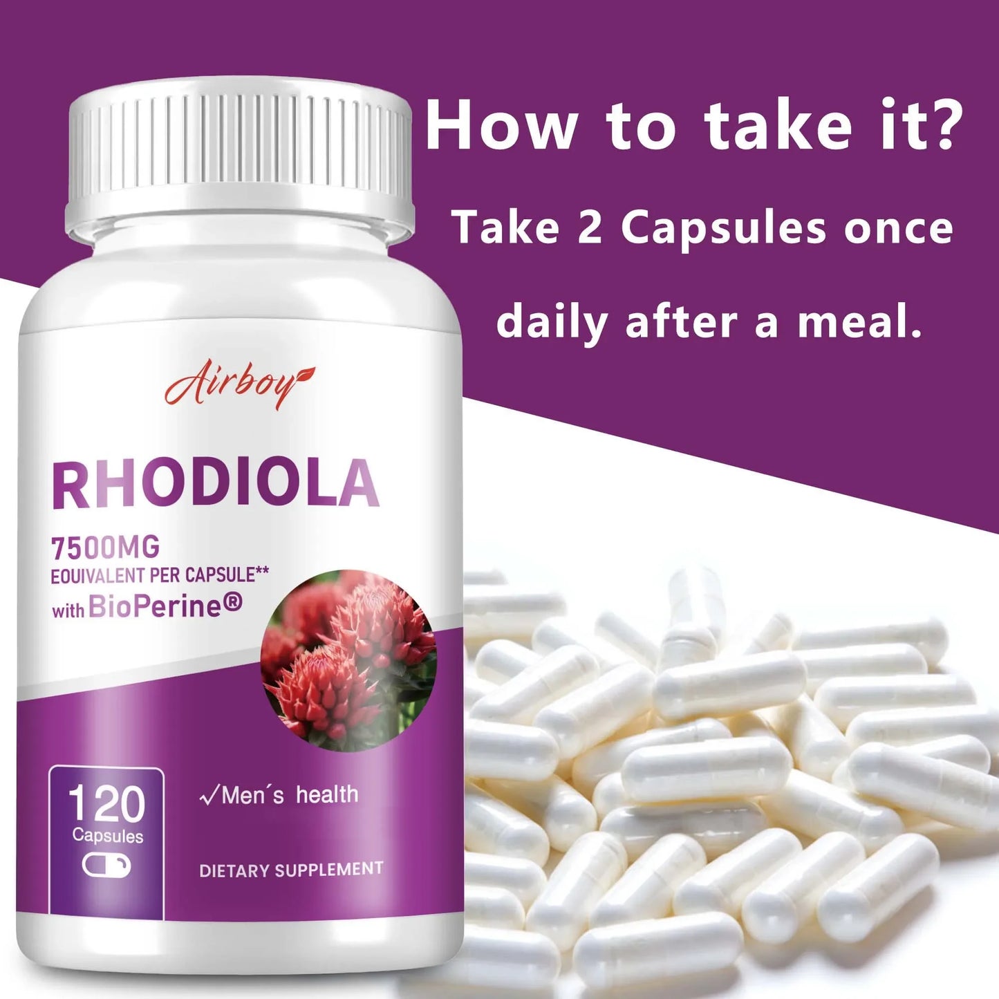 Rhodiola Supplement 7500mg - Natural Adaptogens, Relieves Stress,Improves Energy and Focus - 120 Capsules