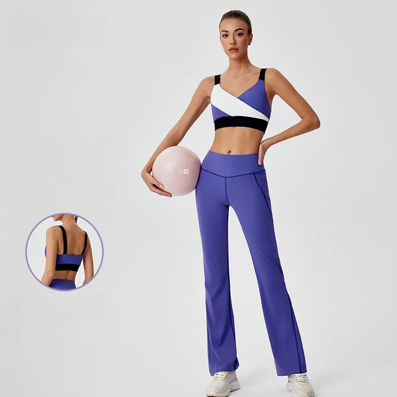 Sports Yoga Clothing Set High Stretch Colorblocking Bra Tank Top Flared Pants Trousers Fitness Clothing