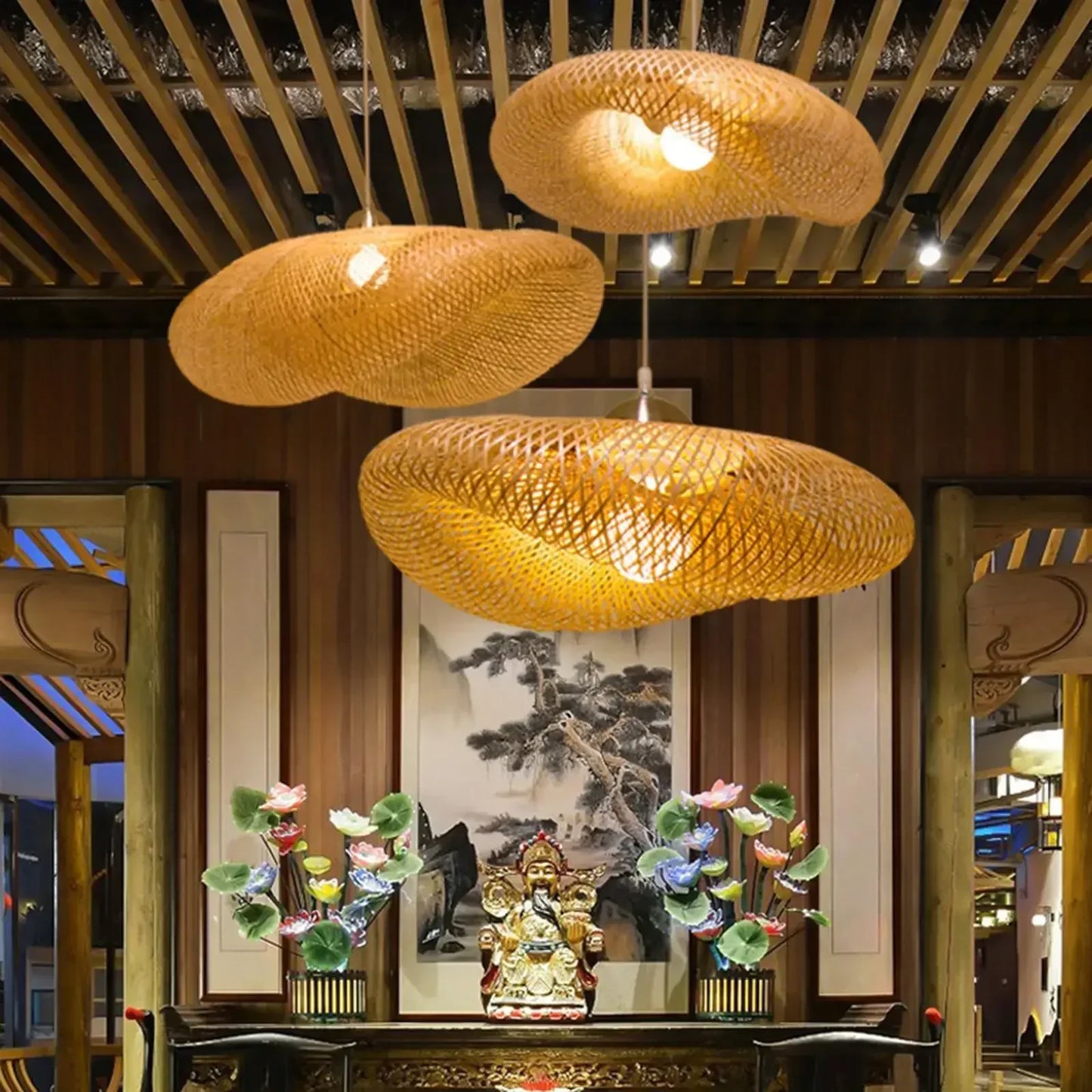 Chinese Zen Inspired Handmade Retro Bamboo Woven LED Pendant Light Living Room Lighting Decoration Rattan Woven Light