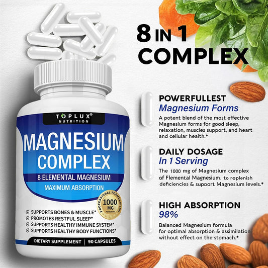 Magnesium Complex 1000mg 8 Elemental Magnesium Supplement with Glycinate Citrate Oxide Aspartate Orotate Malate Taurate High Abs