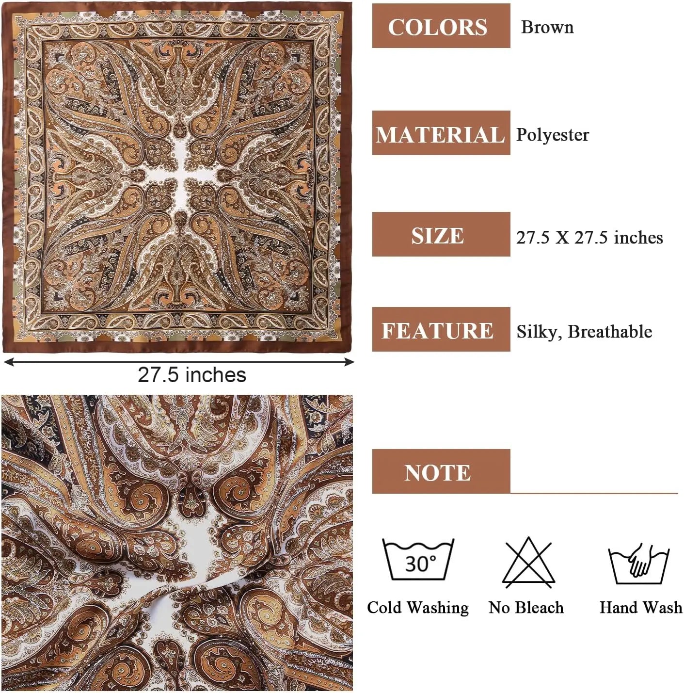 1 Pcs 27.5 Inches Satin Head Scarf Silk Like Hair Scarf Stain Bandana Hair Wrap Neck Scarf for Women(Brown)