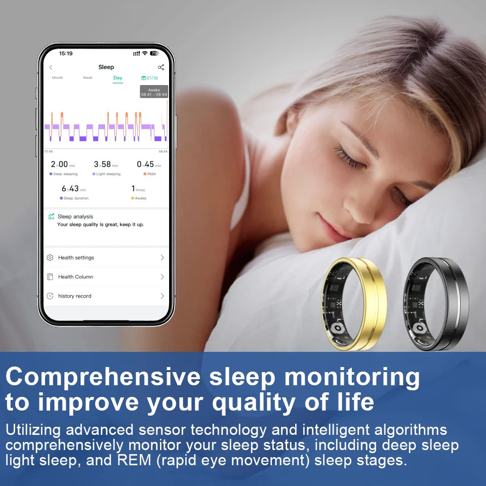 Smart Rings Health Monitor Sleep Sports Fitness Multiple Function Modes Tracking Heart Rate Blood Oxygen Ring 5ATM Waterproof