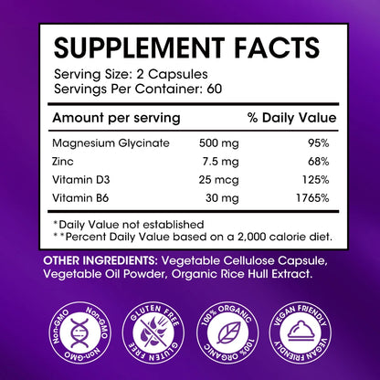 Kexinsh Magnesium Glycinate Supplement 500mg with Zinc,Vitamin D3 B6 Promotes Natural Sleep, Reduces Stress and Anxiety Non-GMO