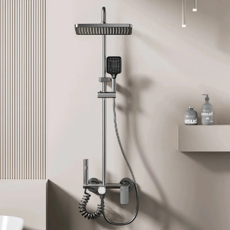 Multifunction Bathroom Shower System Set Hot and Cold Water Household Rotary Knob Pressurize Aluminum Gunmetal Gray Shower Set