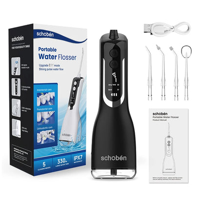 Schoben Portable Oral Irrigator USB Rechargeable Water Flosser Dental Water Jet 330ML Water Tank IPX7 Waterproof Teeth Cleaner