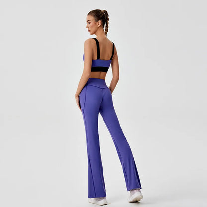 Sports Yoga Clothing Set High Stretch Colorblocking Bra Tank Top Flared Pants Trousers Fitness Clothing