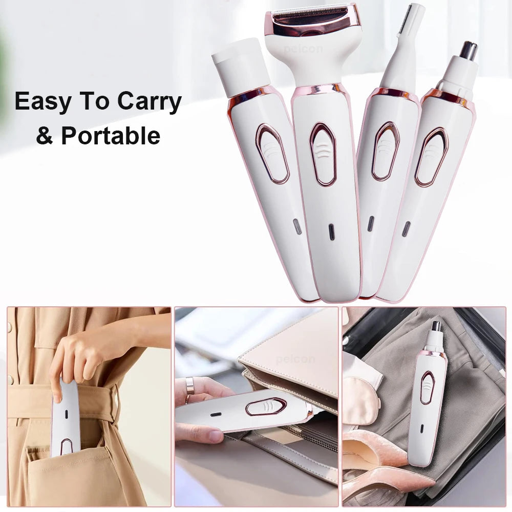 Electric Razor for Women Shaver 4in1 Hair Trimmer for Lady Face Armpit Leg Bikini Body Epilator Portable Painless Hair Remover