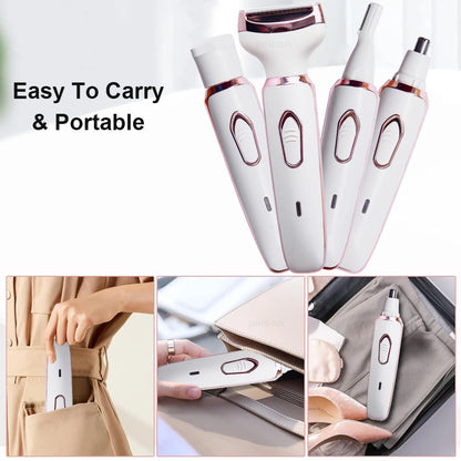 Electric Razor for Women Shaver 4in1 Hair Trimmer for Lady Face Armpit Leg Bikini Body Epilator Portable Painless Hair Remover