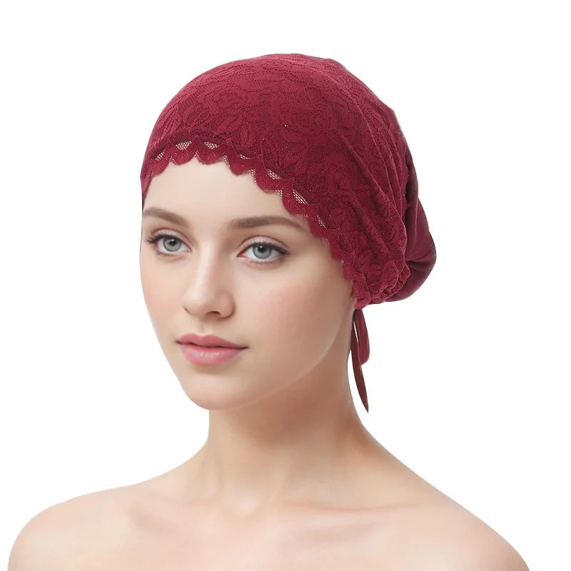 Fashion Women Tie Straps Lace Turban Hat Muslim Under Scarf Hijab Cap Islamic Female Head Wraps Lady Hair Loss Beanie Bonnet