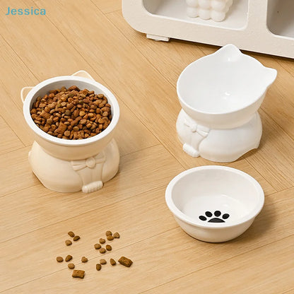 ♥Cat Dog Food Water Bowl-Raised Pet Feeder with Non-Slip Base & Paw Print Design,Neck Protection Bowl for Small Medium Pets