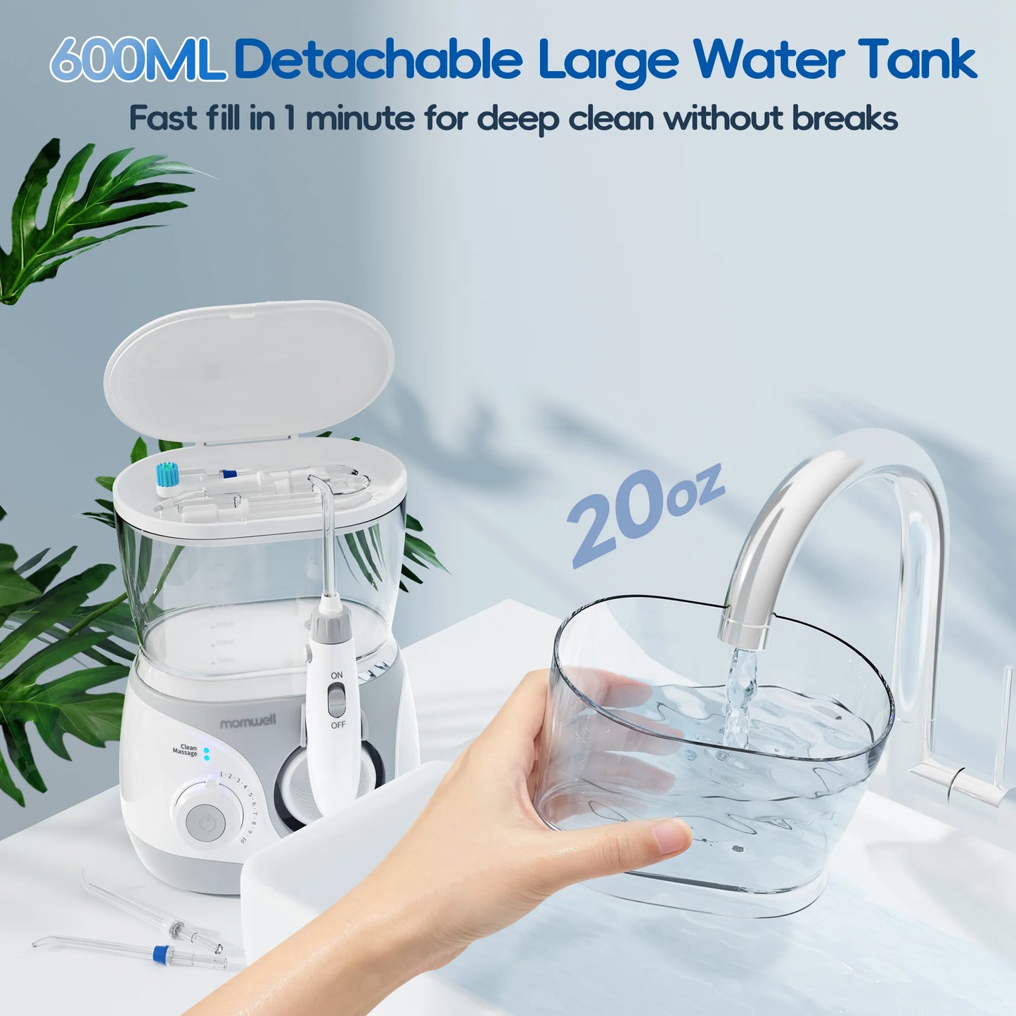 Oral Water Flosser for Kids/Adults, Countertop Water Floss with 10 Pressures & 6 Tips, 600ml Water Flosser for Family