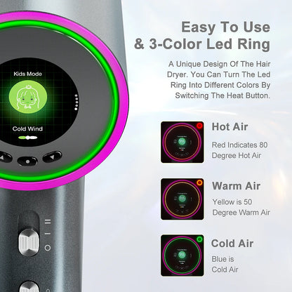 High-Speed Hair Dryer 110000RPM Leafless Negative Ion Hair Care Quick Dry Home Hairdryer 5 Smart Modes HD Screen Hot/Cold Dryer