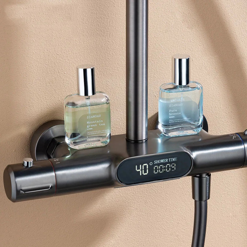 KEMAIDI Thermostatic Shower System LED Digital Display Shower Set Solid Brass Shower Faucet Sets W/Waterfall Bathtub Mixer Grey