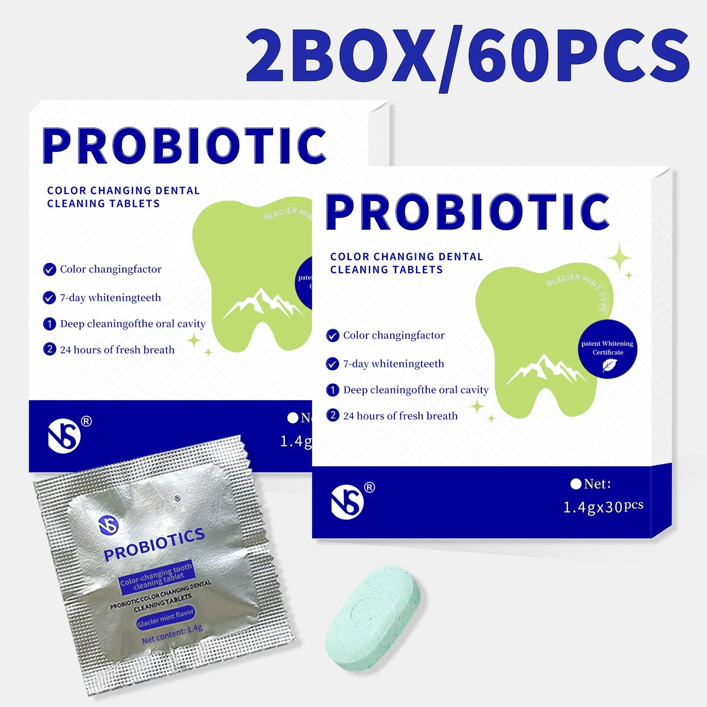 Probiotic tooth cleaning tablets 30/60/90 tablets/box with fresh breath for a long time, clean teeth and portable tooth care.
