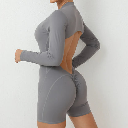 Hollow Scrunch Sport Short Jumpsuits Unitard Gym Women Romper Long Sleeve Zipper Fitness Yoga Overalls Open Back Black Monkeys