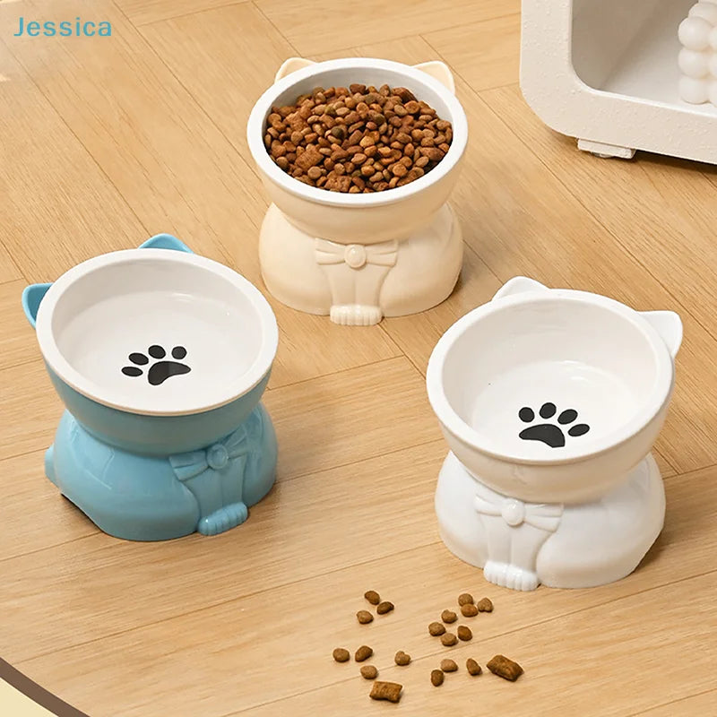 ♥Cat Dog Food Water Bowl-Raised Pet Feeder with Non-Slip Base & Paw Print Design,Neck Protection Bowl for Small Medium Pets