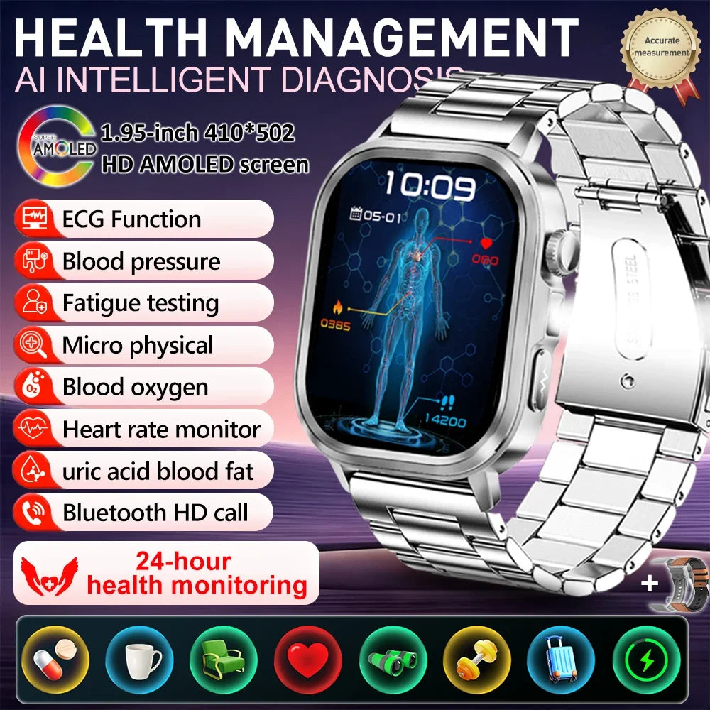 New Accurate Blood Pressure Smart Watch Uric Acid ECG+PPG Blood Oxygen Body Analysis Body Fat LED Flashlight smart watches 2025
