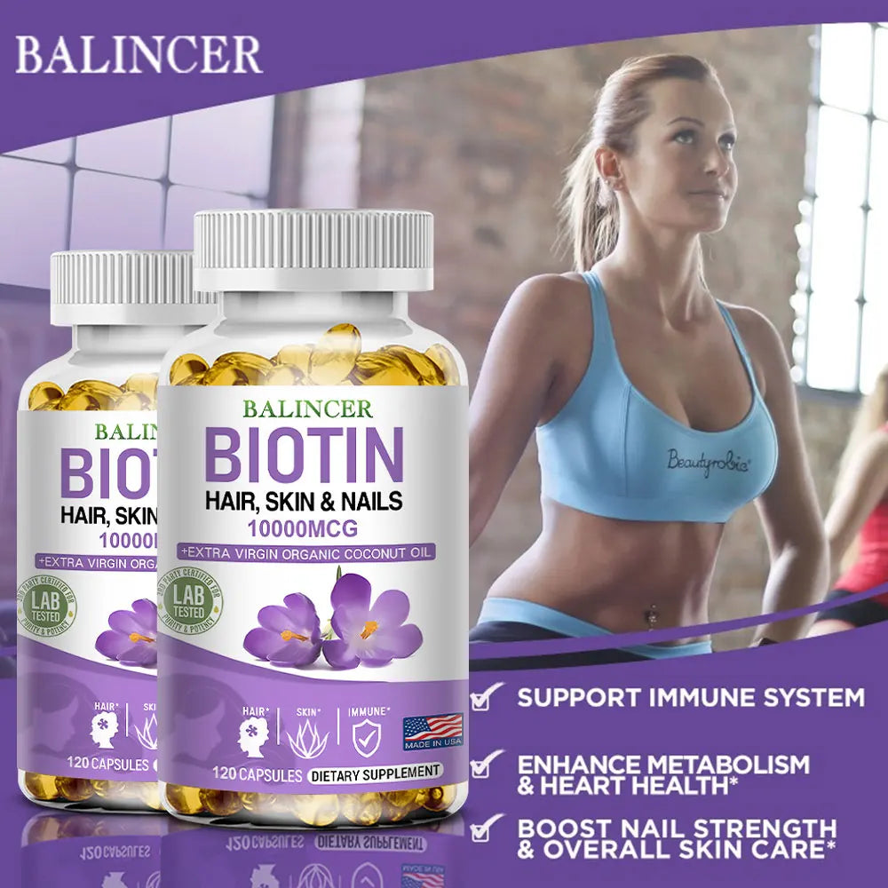 Balincer Biotin Supplement with Organic Coconut Oil - Supports Keratin for Healthier Hair & Skin, 10,000mcg, 30/60/120 Softgels