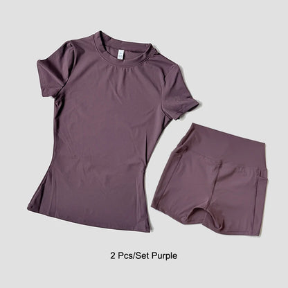 Sports Sets Fitness Hip-lifting Tight Top Short Sleeve Running Workout Gym Shorts Tracksuits For Women Breathable Sports Suits