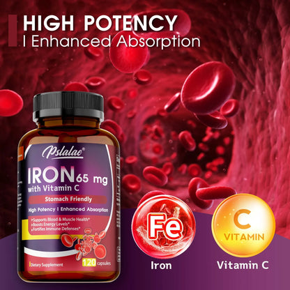 Iron Supplement 65 mg with Vitamin C - Maximized Absorption, Increase Energy, and Improve Immune Function