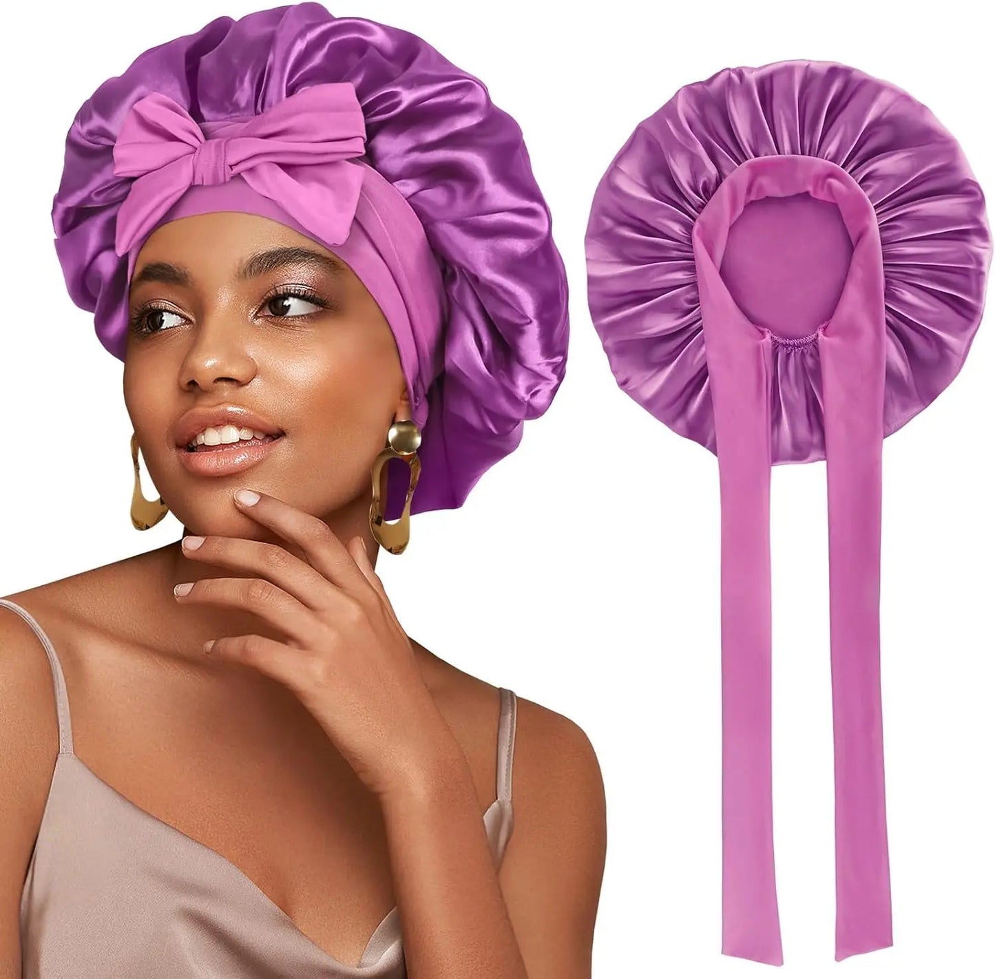Large Silk Bonnet, Satin Bonnets for Women, Silky Sleep Cap with Tie Band, Braid Bonnet for Sleeping Curly Hair, Silk Hair Wrap,