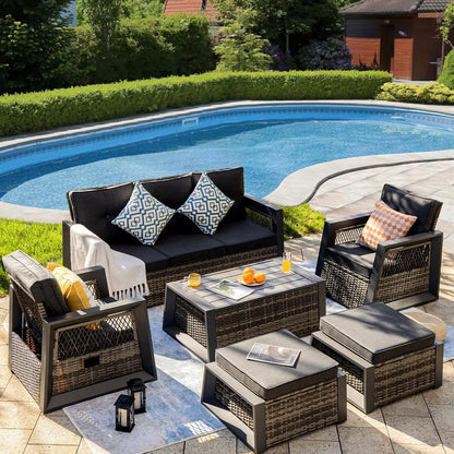 Aluminum Patio Furniture Modern Outdoor Sofa Rattan Garden Sofa with Storage Coffee Table (Grey)
