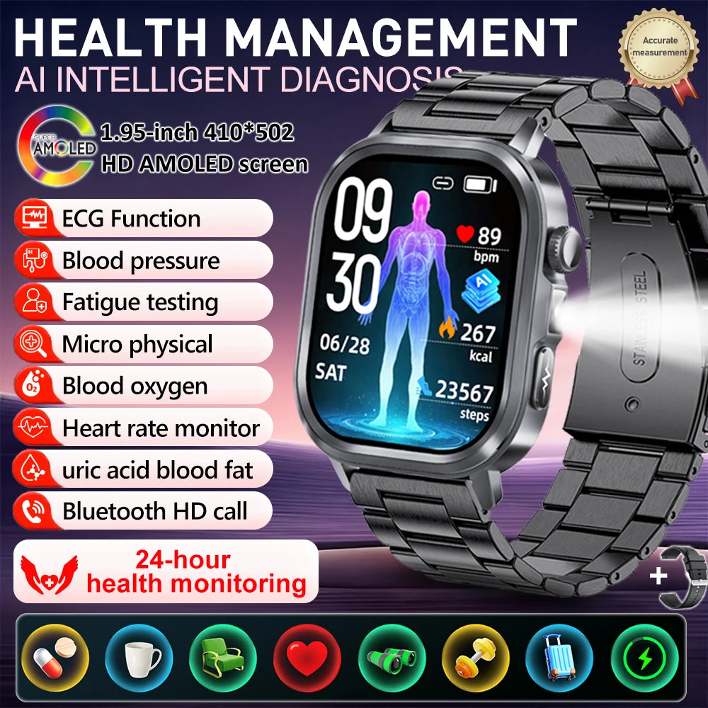 New Accurate Blood Pressure Smart Watch Uric Acid ECG+PPG Blood Oxygen Body Analysis Body Fat LED Flashlight smart watches 2025